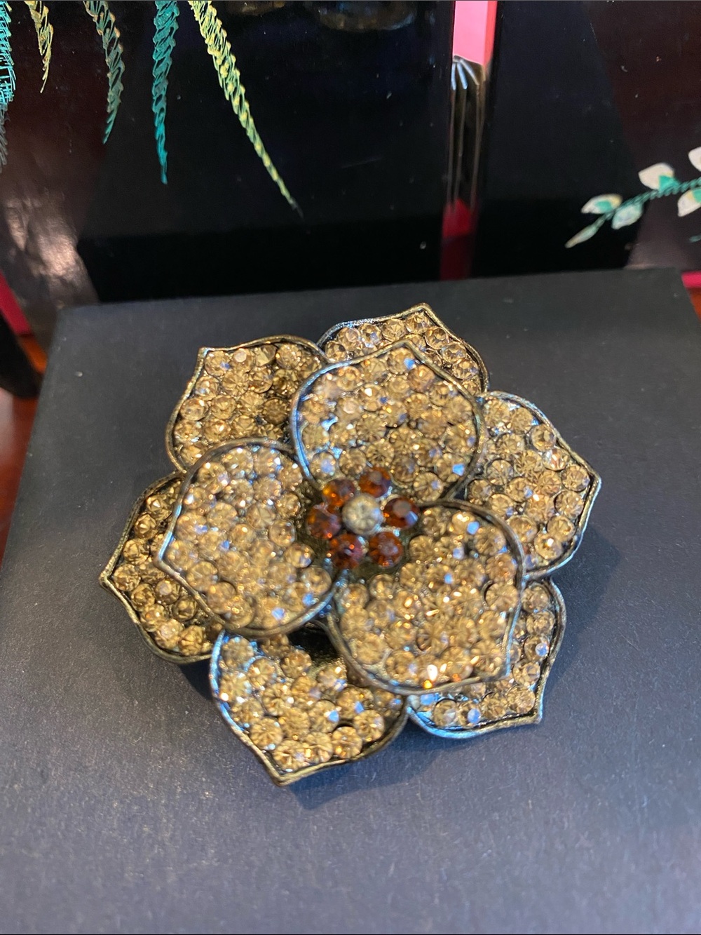 Vintage Gold-Tone Champagne Crystal Flower Brooch